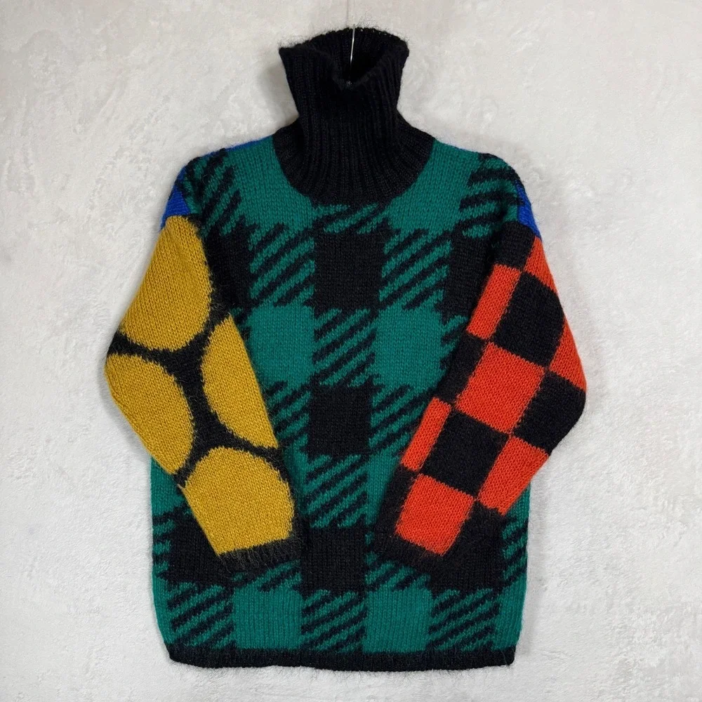 NWT Vintage Fuzzy Mohair Turtleneck Sweater M L Bold Colorblock‎ Plaid Graphic